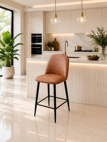 Luca Tan PU Leather Bar Stool – Modern Upholstered Kitchen Stool with Black Metal Legs