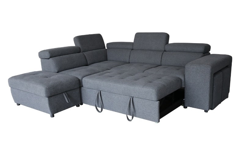 Larissa 4 Seater Fabric Pull Out Sofabed with Storage Ottoman+2 Stools