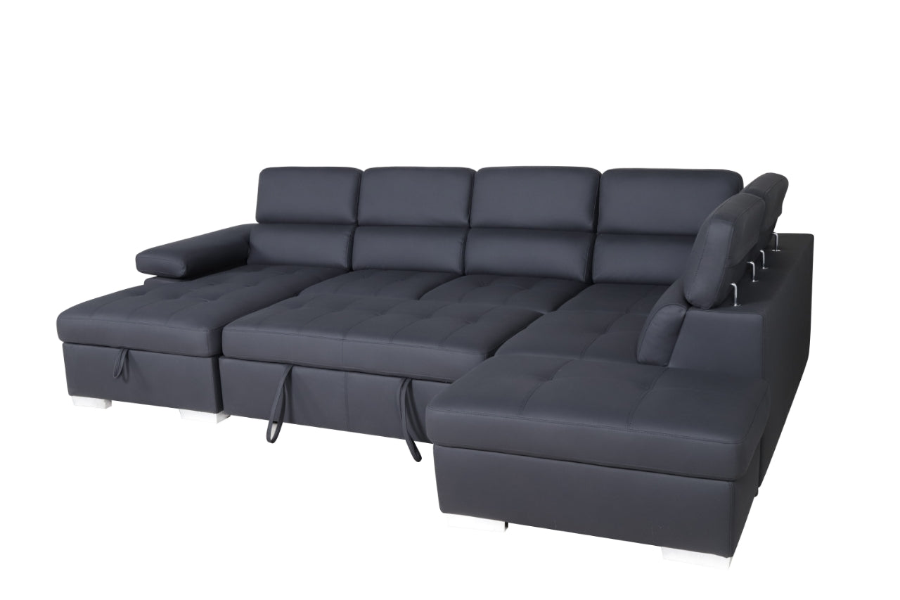 Brooklyn Soft Rhino Fabric Pull Out Sofa Bed With Storage Chaise and Wireless Charger