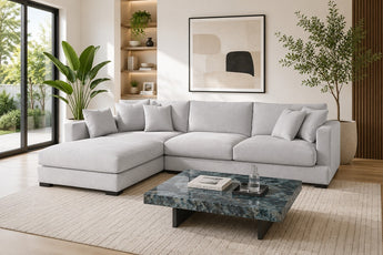 Chelsea 2 Seater Feather Corner Lounge Sofa with Left/Right Hand Chaise – Light Grey