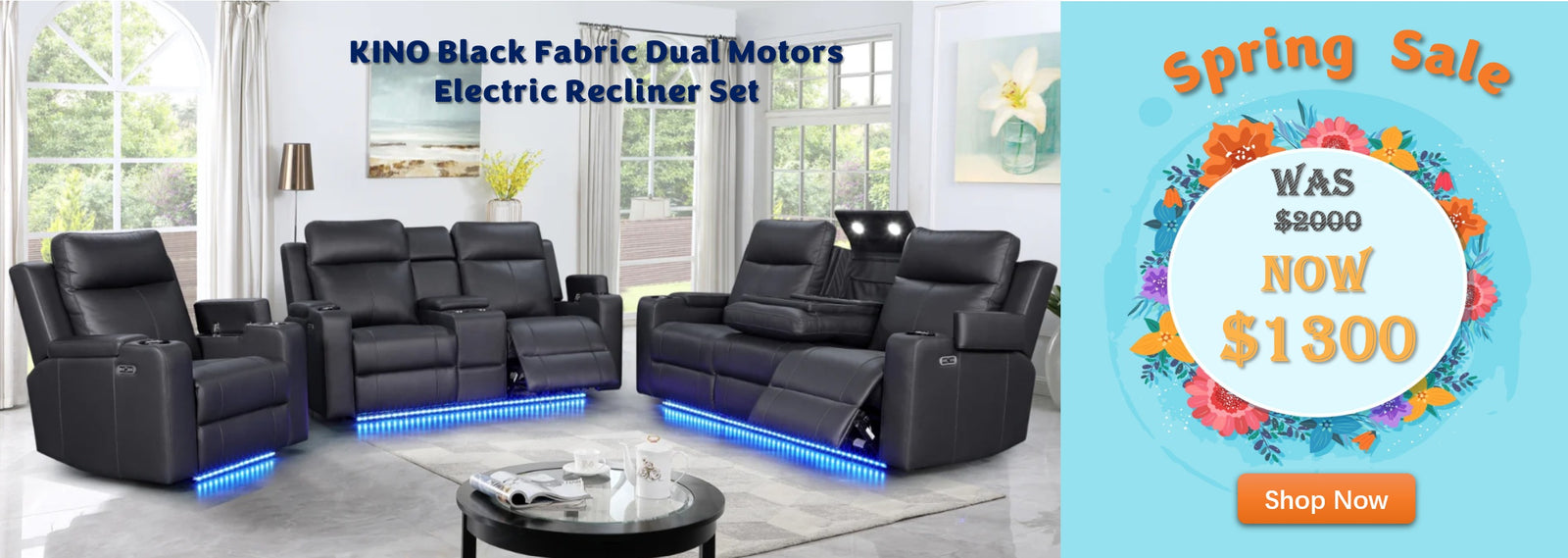 Kino Black Fabric Dual Motors Electric Recliner Set