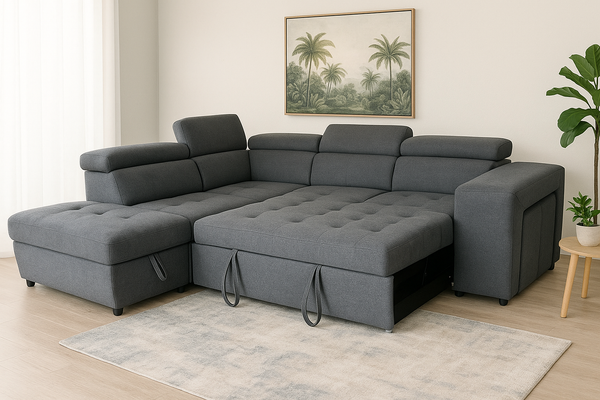 Larissa 4 Seater Fabric Pull Out Sofa Bed with Storage Ottoman+2 Stools