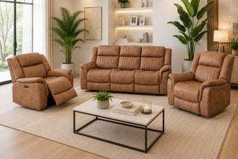 Orlando Tan/Grey Electric Recliner Lounge Suite – 3 Seater + 2 Recliner Armchairs