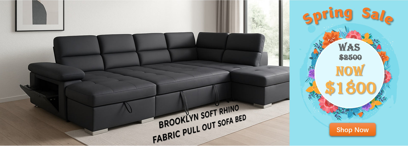 Brooklyn Soft Rhino Fabric Pull Out Sofa Bed