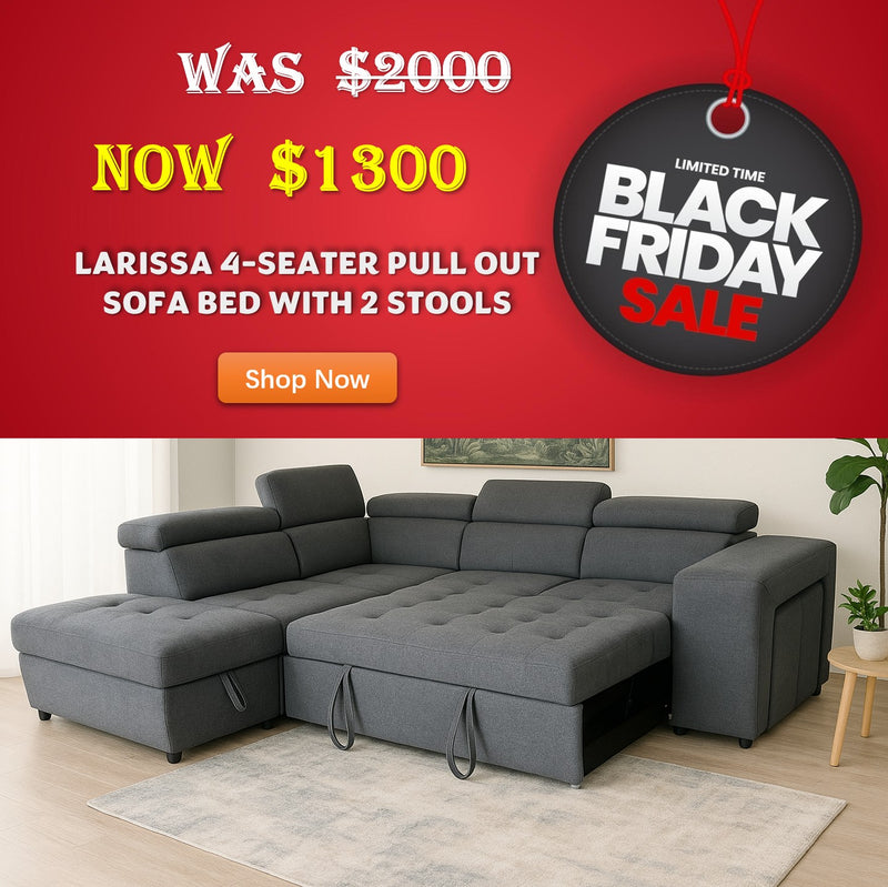 Larissa 4 Seater Fabric Pull Out Sofa Bed with 2 Stools