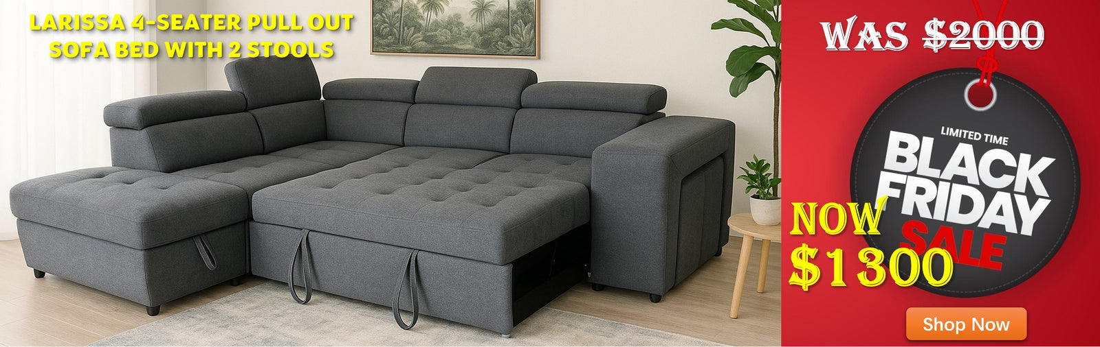 Larissa 4 Seater Fabric Pull Out Sofa Bed with 2 Stools