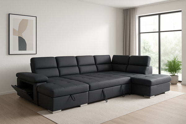 Brooklyn Soft Rhino Fabric Pull Out Sofa Bed With Storage Chaise and Wireless Charger