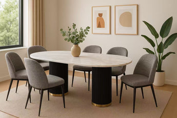 Flute Marble Table and Grey Fabric Chairs 7 Pieces