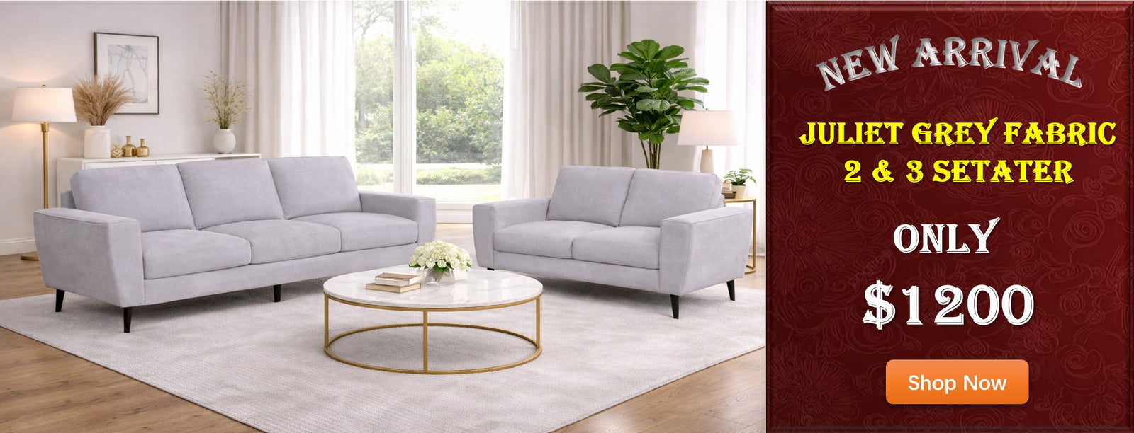 Juliet Light Grey Fabric 2+3 Seater Sofa