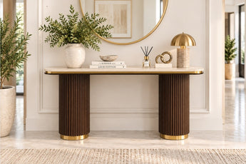 St Pierre Travertine Finish Sintered Stone Top Console Table – Fluted Base with Gold Edge