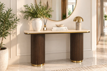 St Pierre Travertine Finish Sintered Stone Top Console Table – Fluted Base with Gold Edge