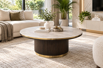 St Pierre Round Travertine  Finish Sintered Stone Top Coffee Table – Fluted Base with Gold Edge