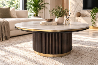 St Pierre Round Travertine  Finish Sintered Stone Top Coffee Table – Fluted Base with Gold Edge