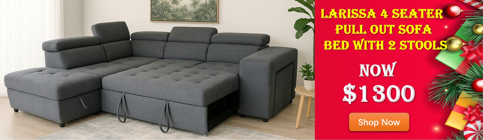 Larissa 4 Seater Fabric Pull Out Sofa Bed with 2 Stools