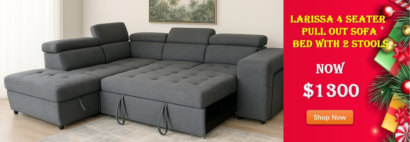 Larissa 4 Seater Fabric Pull Out Sofa Bed with 2 Stools