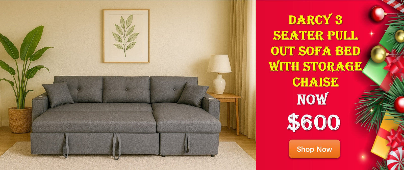 Darcy Pull Out Sofa Bed With Storage Chaise and Cup Holders